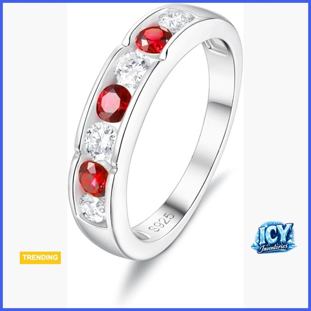 Solid 925 Sterling Silver Moissanite and Ruby Half Eternity Ring